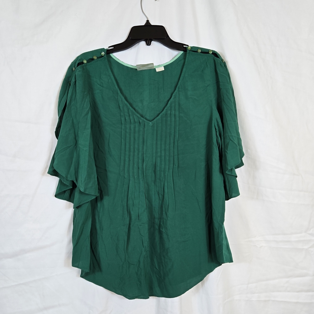 Anthropologie Emerald Green V-Neck Flutter Sleeve Blouse